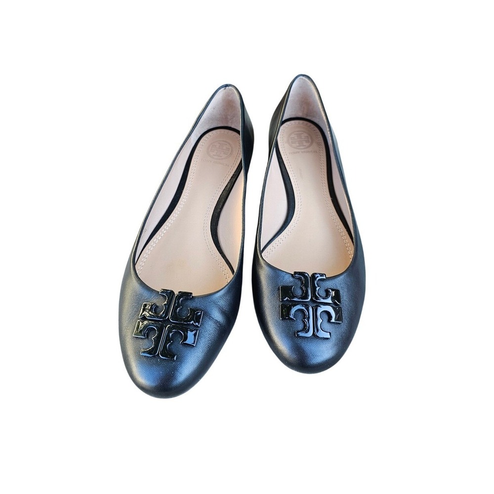 Tory Burch Lowell‎ II Ballet Flat 7M Black Leather Logo Classic Chic Capsule ~